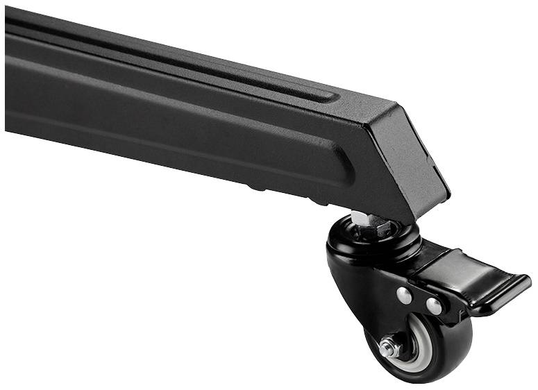 Schwarzes Möbelrad mit Bremse an der Unterseite eines rechteckigen Gestells, geeignet zum Bewegen und Feststellen von Möbelstücken.