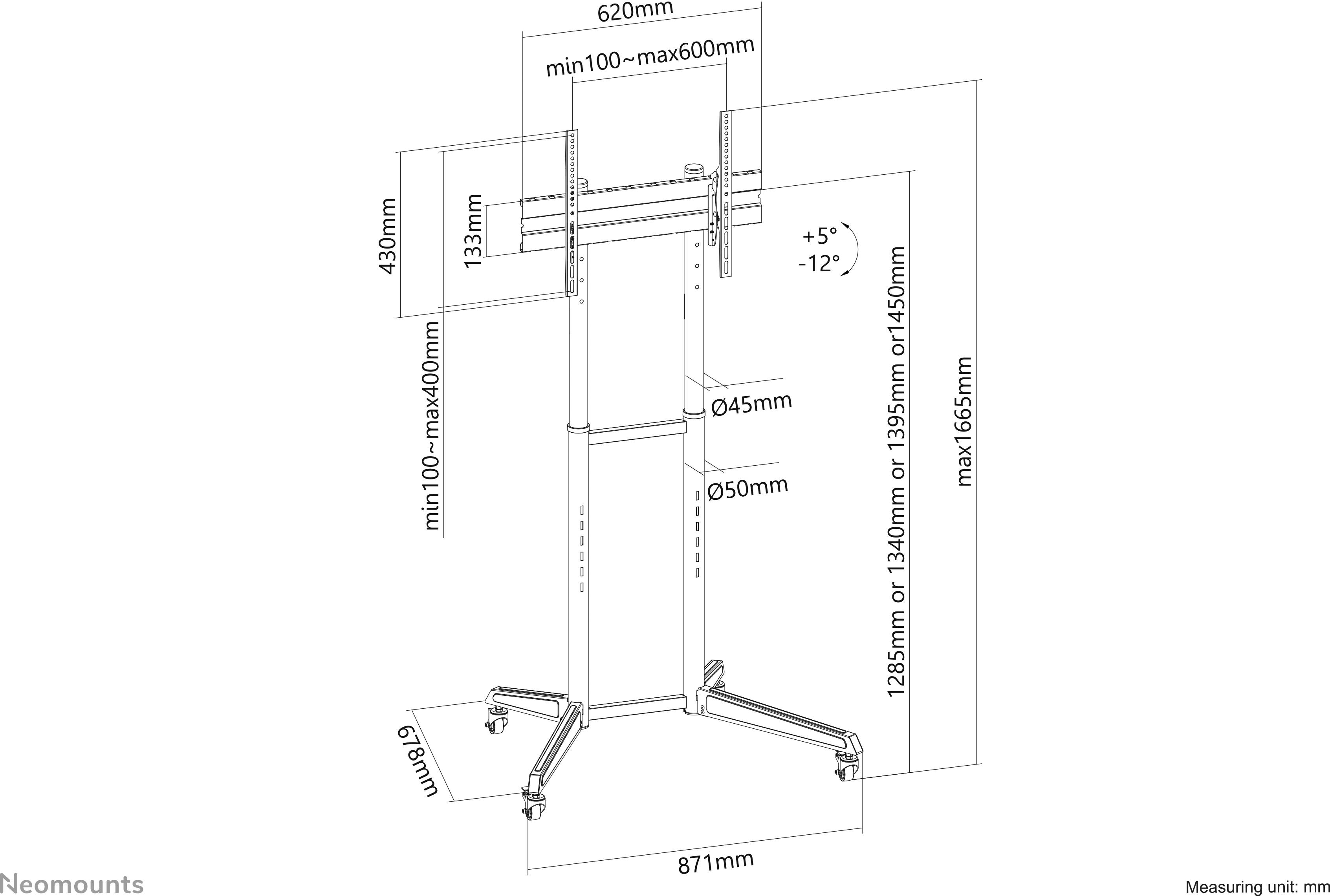 'Neomounts mobiler TV-Ständer.' Zeichnung zeigt Maße: Breite 620mm, Höhe 1285-1655mm, VESA 100-600mm. Neigungswinkel +5°/-12°.