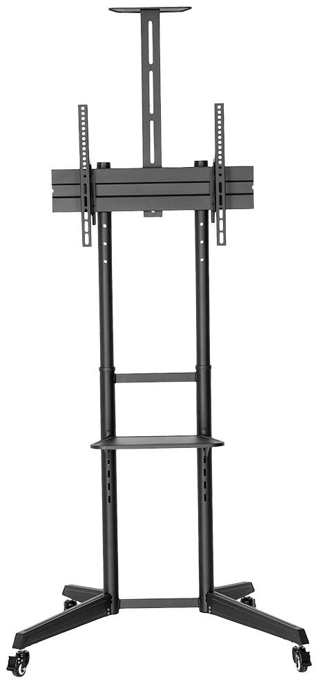 Ein schwarzer, höhenverstellbarer TV-Wagen mit Rollen. Ideal zum Halten eines Fernsehers oder Monitors für Präsentationen oder Büros.