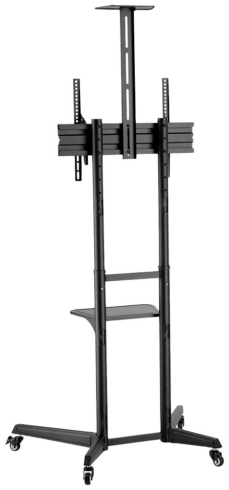 Ein schwarzer, verstellbarer TV-Ständer auf Rollen mit Halterung für einen Bildschirm und einer kleinen Ablagefläche darunter.