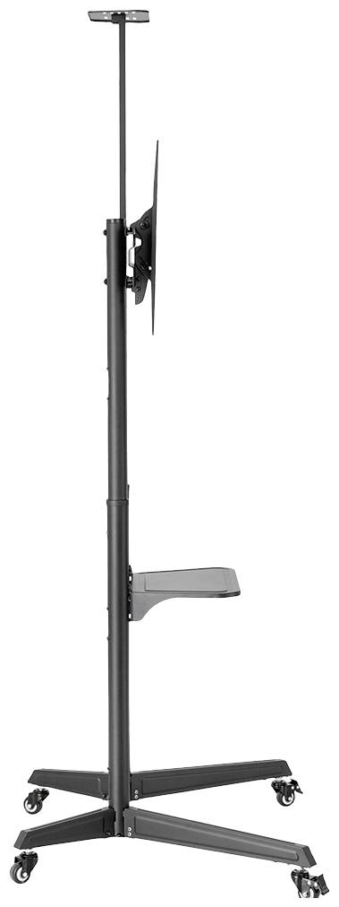 Einzelner schwarzer TV-Ständer auf Rollen, höhenverstellbar, mit montierbarem Monitor, ideal für Präsentationen oder Büros.