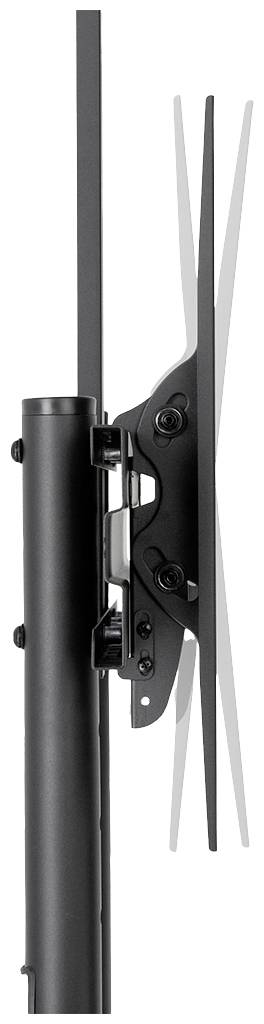 Seitenansicht einer schwarzen TV-Halterung für flache Bildschirme, die an einem vertikalen Stahlrohr befestigt ist.