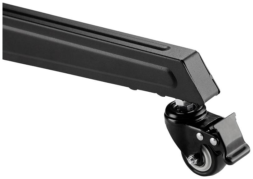 Schwarzes Tischbein mit montierter Rolle und Feststellbremse, geeignet für mobile Büro- oder Konferenztische.