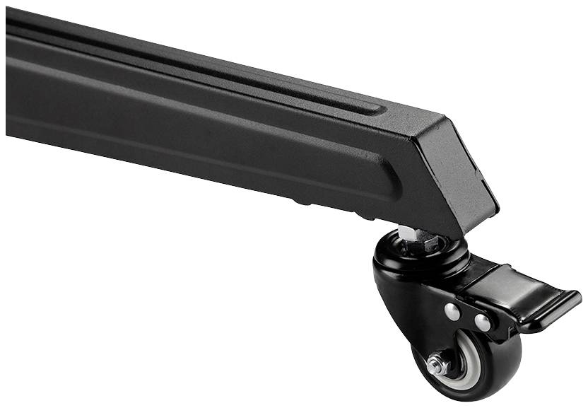 Ein schwarzes Möbelbein mit montiertem beweglichem Rad, das über eine Bremse verfügt. Geeignet für mobile Möbelstücke.