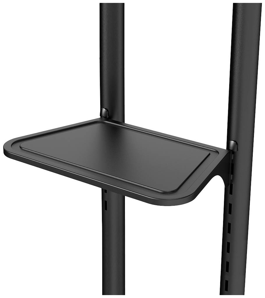 Ein schwarzes Regalbrett an einer stabilen Metallhalterung, montiert zwischen zwei vertikalen Stangen, geeignet für Lagerung oder Dekoration.