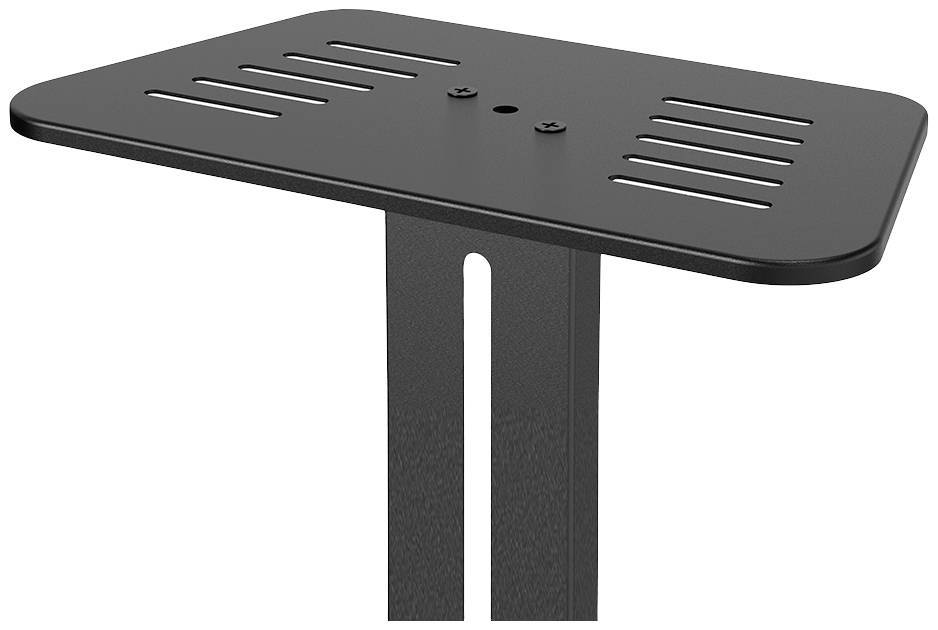 Ein schwarzer, rechteckiger Metallständer mit Schlitzen auf einer stabilen Basis. Geeignet zur Befestigung von Geräten oder Objekten.