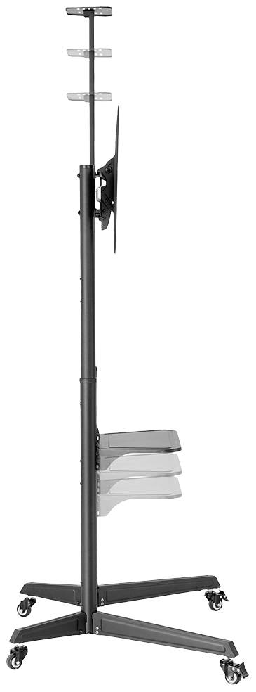 Ein mobiler TV-Ständer auf Rollen. Er ist höhenverstellbar, hat mehrere Halterungen und eignet sich für Präsentationen oder Büros.