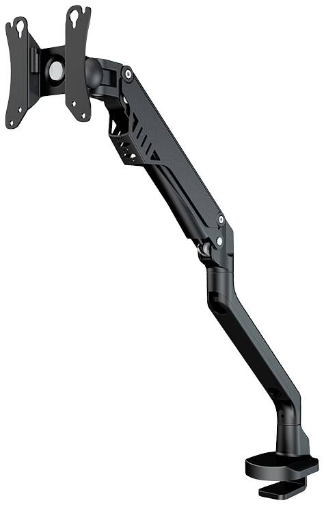 Ein schwarzer Monitorarm mit Gelenken und Klammer zur Befestigung an einem Tisch, ermöglicht flexible Positionierung eines Bildschirms.
