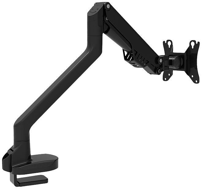 Schwarzer Monitorarm aus Metall, befestigt an Tischkante, ermöglicht flexible Positionierung des Bildschirms für ergonomische Nutzung.