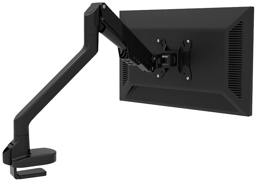 Ein schwarzer Monitor ist an einem verstellbaren Schwenkarm befestigt, der auf einem Schreibtisch montiert ist.