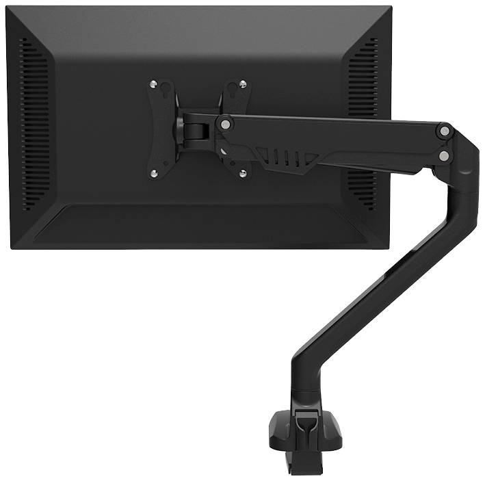 Monitor an beweglichem Arm, Ansicht von hinten, mit flexibler Halterung zur Platzierung auf Schreibtischen.
