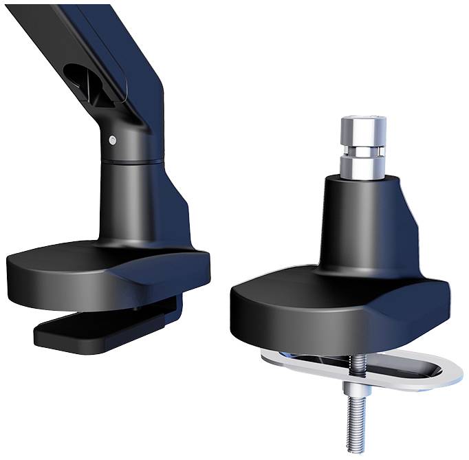 Ein schwarzer Monitorarm mit zwei verschiedenen Klemmbefestigungen für die Montage an Schreibtischen. Links eine Schraubklemme, rechts eine Bohrklemme.