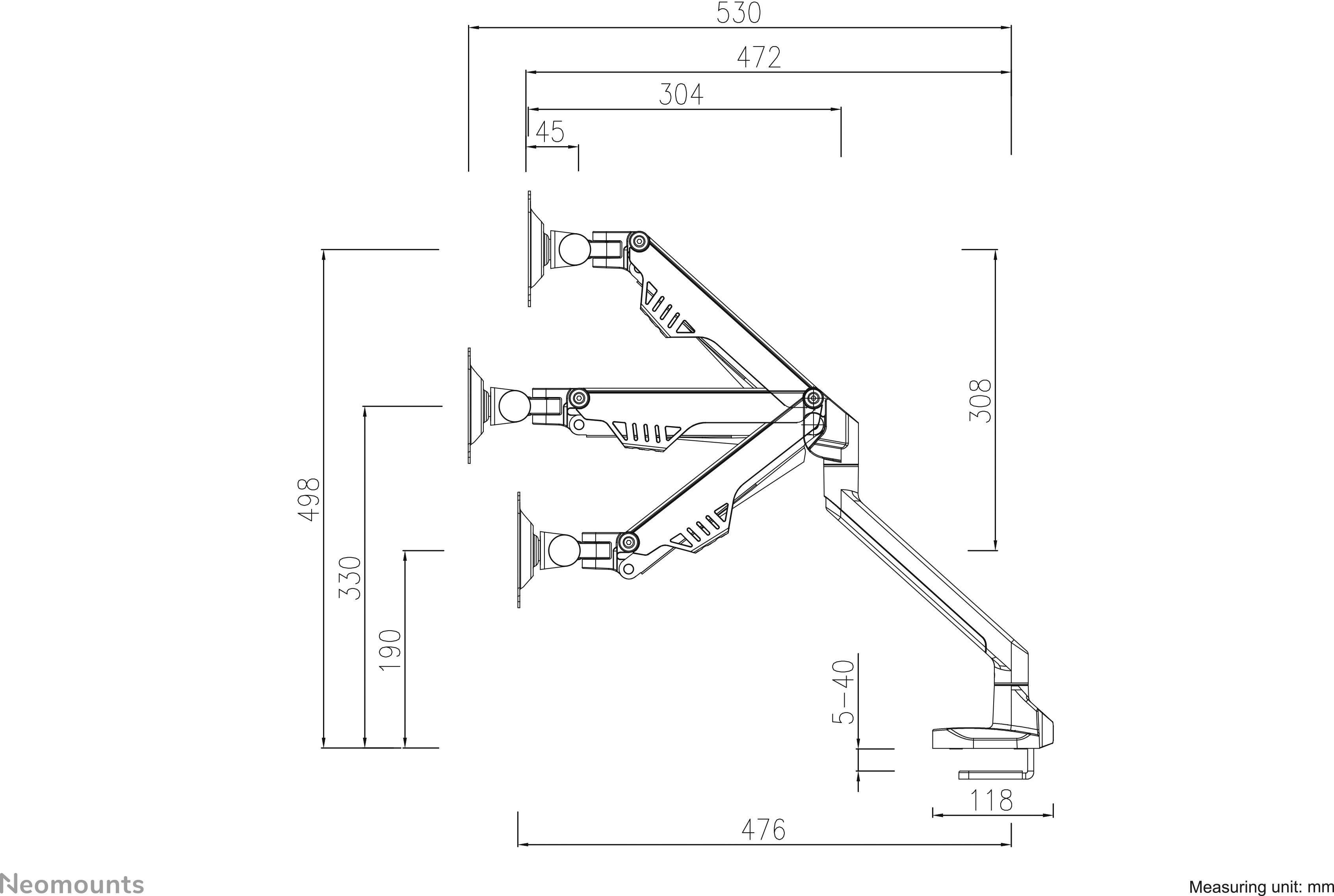 Technische Zeichnung eines Monitorarms mit Maßen in Millimetern, zeigt verstellbare Gelenke und Halterungen für Monitore.