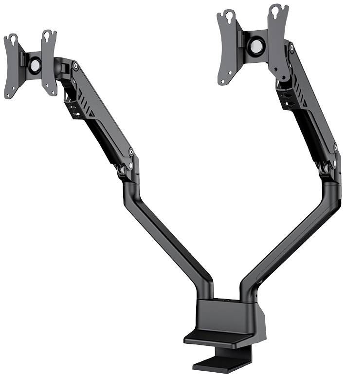 Zweifacher Monitorhalter aus Metall mit flexiblem Schwenkarm, geeignet zur Befestigung auf einem Schreibtisch, zur gleichzeitigen Unterstützung von zwei Bildschirmen.