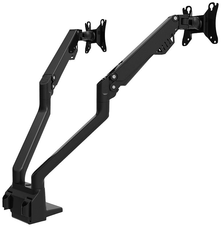 Zwei verstellbare schwarze Monitorarme, die an einer Tischkante befestigt sind, bieten flexible Positionierungsmöglichkeiten für Monitore.