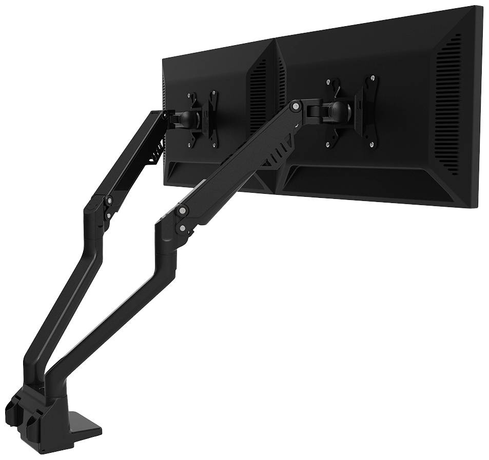 Zweifacher Monitorarm aus schwarzem Metall montiert auf einem Standfuß. Beide Halterungen sind verstellbar, geeignet für zwei Bildschirme.