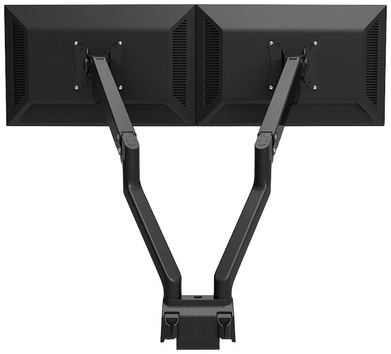 Zwei schwarze Computermonitore nebeneinander, montiert an einem doppelten Schwenkarmständer.