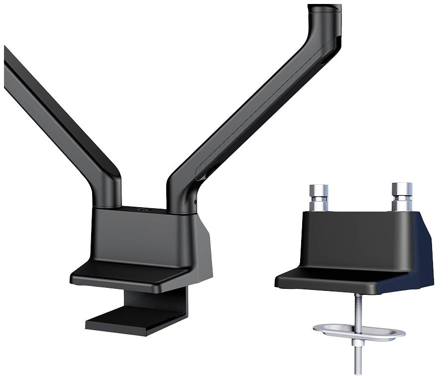 Schwarze Halterung mit zwei Armen, verwendet für die Befestigung eines Displays an Schreibtischen. Zeigt linke Ansicht und Einzelteil.