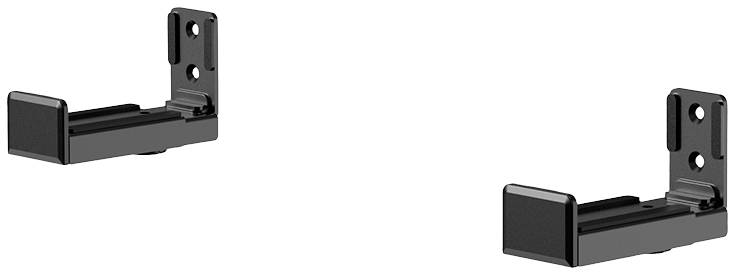 Zwei schwarze, rechteckige Wandhalterungen, die zur Befestigung an einer Wand vorgesehen sind, um Objekte sicher zu halten.