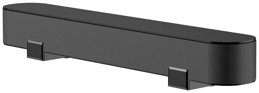 Schwarze Soundbar mit abgerundeten Ecken und zwei stabilen Standfüßen, geeignet für Heimkino oder Musikwiedergabe.