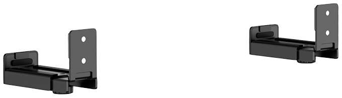 Zwei schwarze Wandhalterungen für Lautsprecher, auf einem weißen Hintergrund, zeigen die Halterungen in verschiedenen Ausrichtungen.