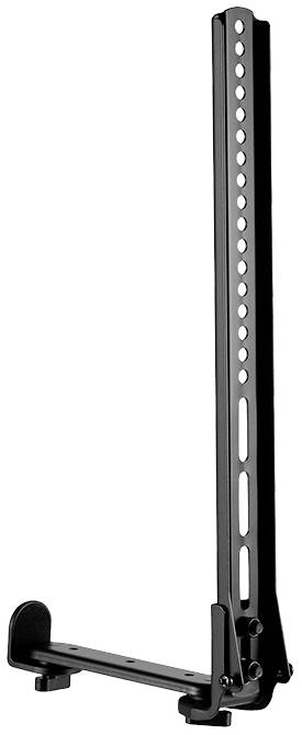 Ein schwarzer Metallständer mit verstellbaren Löchern zur Höhenregulierung, geeignet zur Befestigung von Geräten oder Halterungen.