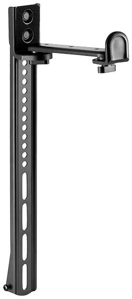 Schwarze Halterung mit verstellbarem Arm, geeignet zur Befestigung an einem vertikalen Metallrahmen. Enthält mehrere Löcher zur Höhenanpassung.