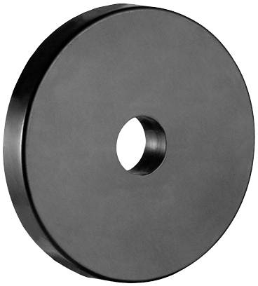 Schwarzes, rundes Gewicht mit Loch in der Mitte, flache Oberfläche, typisches Design für Hantelgewichte.