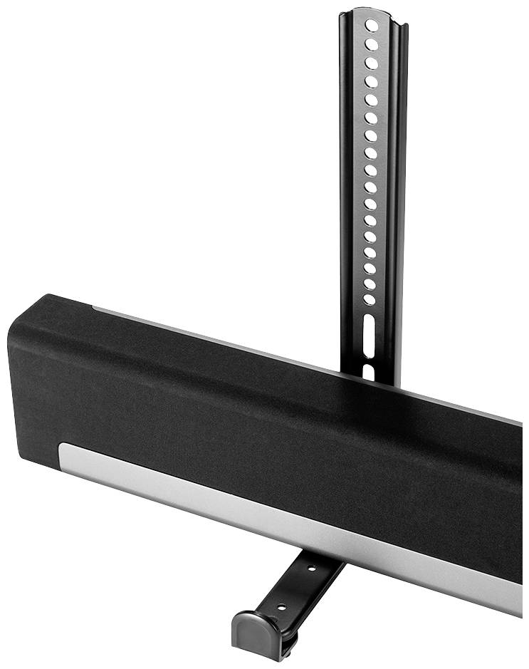 Halterung für Soundbar zur Befestigung an einem Fernseher, vertikal verstellbar, mit mehreren Befestigungslöchern.