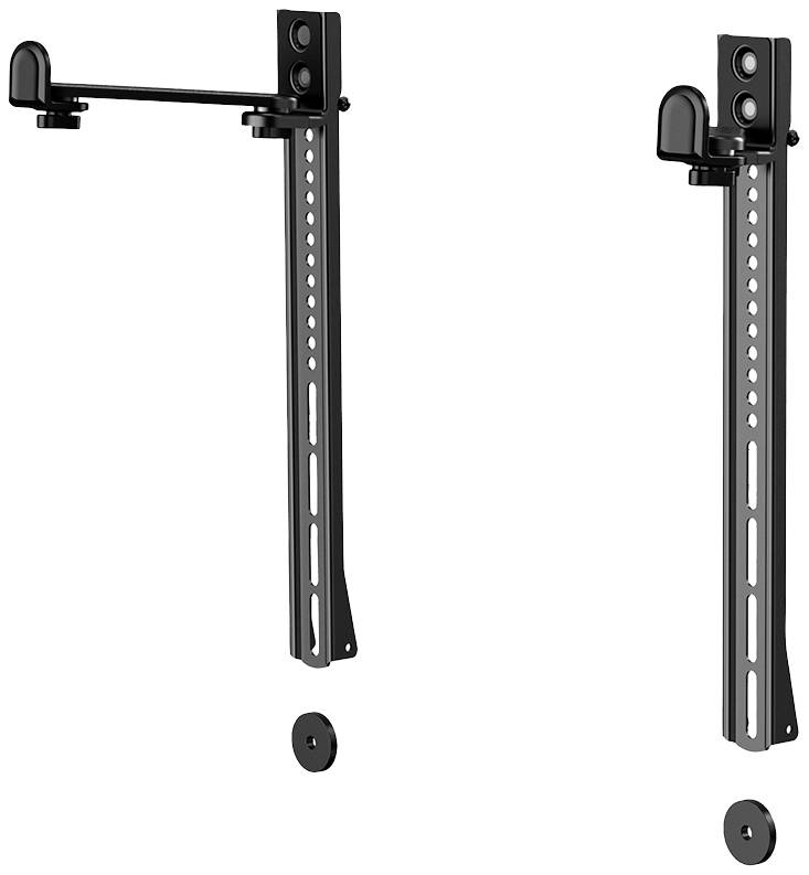 Zwei schwarze Metallhalterungen mit mehreren Bohrungen für Höhenverstellung. Geeignet zur Befestigung von Geräten an einer Wand oder anderen Flächen.