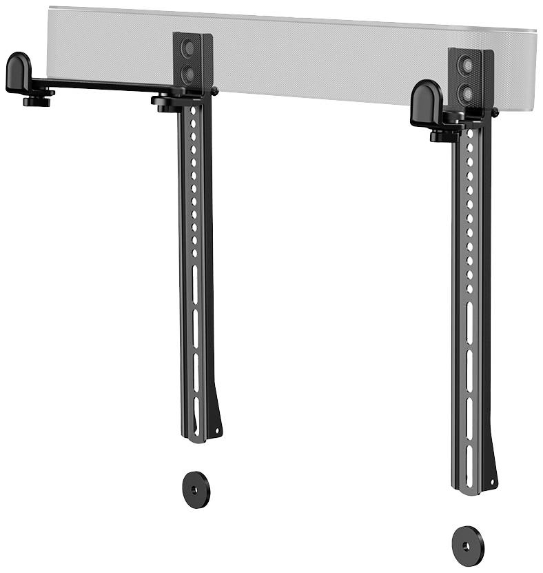 Eine Befestigungshalterung für eine horizontale Soundbar, geeignet zur Wandmontage. Zwei vertikale Halter mit Schraubenlöchern ermöglichen einfache Installation.
