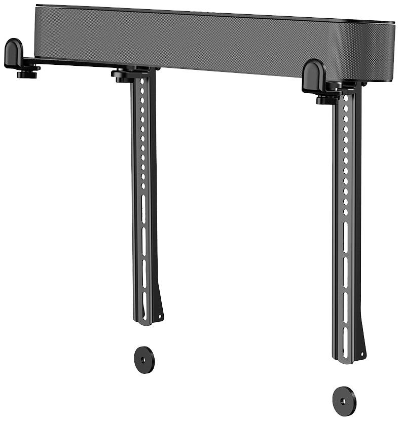 Schwarze Wandhalterung für Soundbars, bestehend aus einem horizontalen Balken und zwei vertikalen Halterungen.
