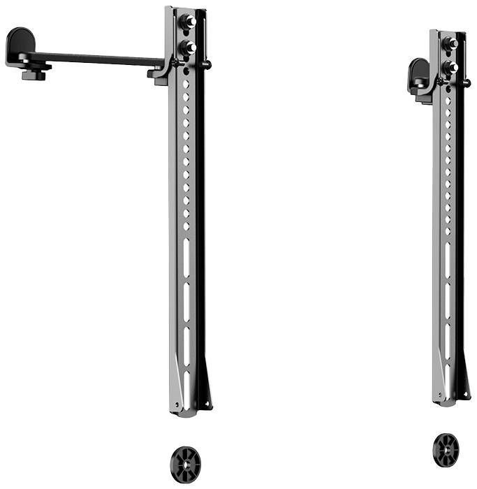 Zwei schwarze Metallhalterungen mit verstellbaren Armen und Rädern, geeignet zur Befestigung und Bewegung von schweren Geräten oder Möbeln.