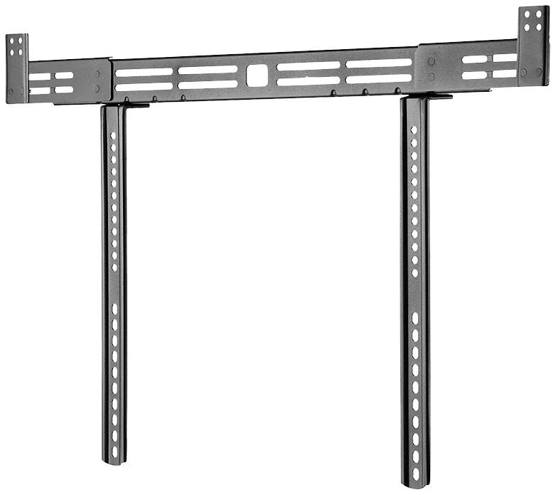 Schwarze, verstellbare TV-Halterung für die Wandmontage, bestehend aus einer breiten Horizontalstange und zwei vertikalen Schienen.