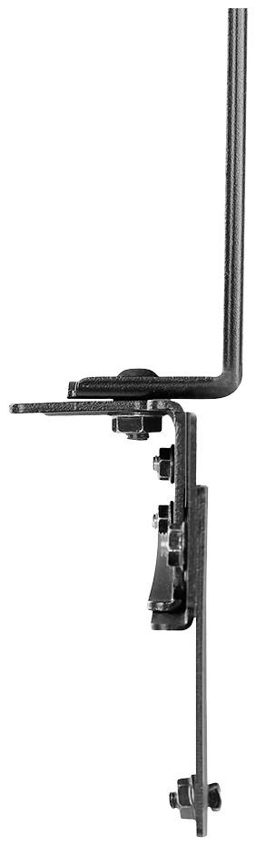 Seitenansicht eines metallischen Beschlags mit mehreren Verbindungselementen, der möglicherweise für strukturelle oder mechanische Zwecke verwendet wird.