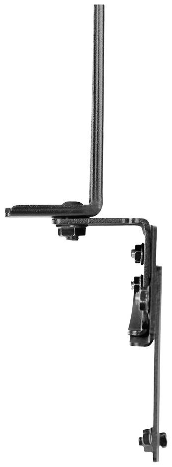 Seitliche Ansicht einer Halterung mit Winkelstücken und Bolzen. Die Struktur zeigt eine Verbindung zwischen zwei Metallplatten.