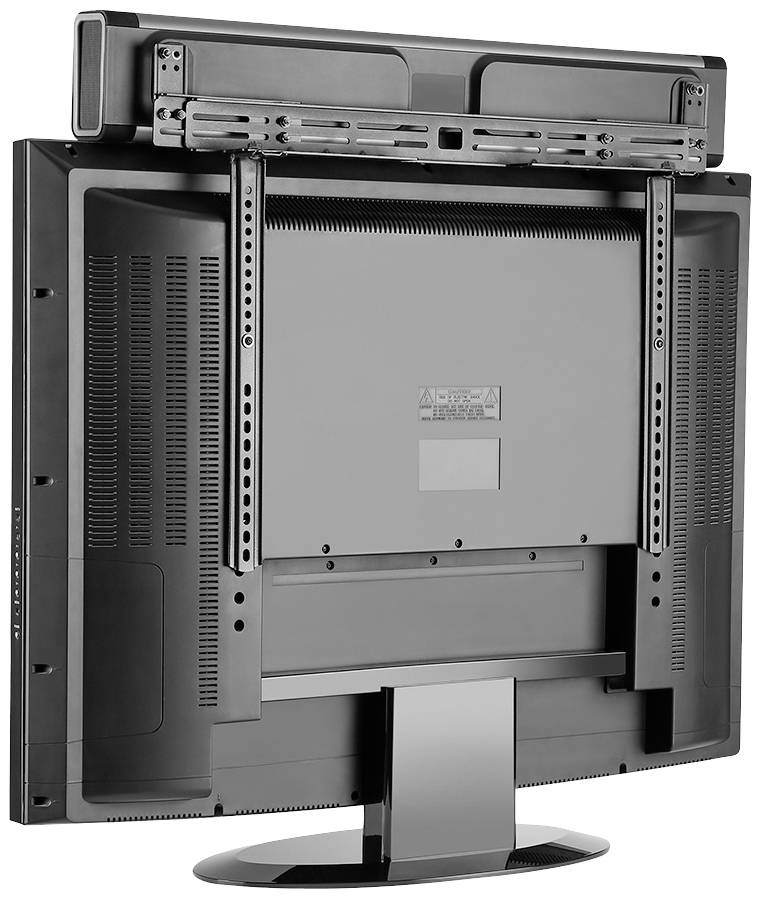 Ein Flachbildfernseher von hinten mit montierter Halterung zur Wandbefestigung. Das Gerät steht auf einem Standfuß.