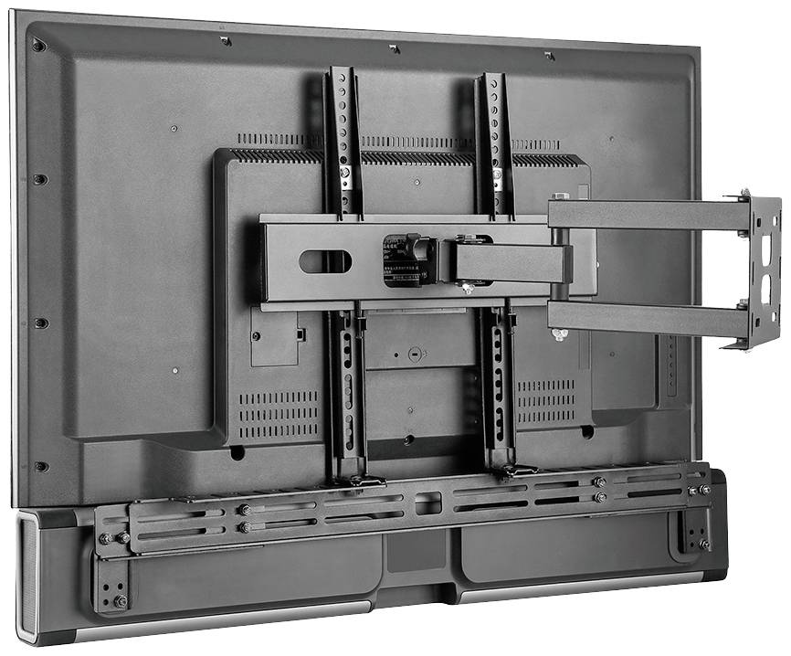 Ein Fernseher mit einer verstellbaren Wandhalterung, die von hinten gezeigt wird. Der Arm ist ausgefahren, um Flexibilität zu demonstrieren.