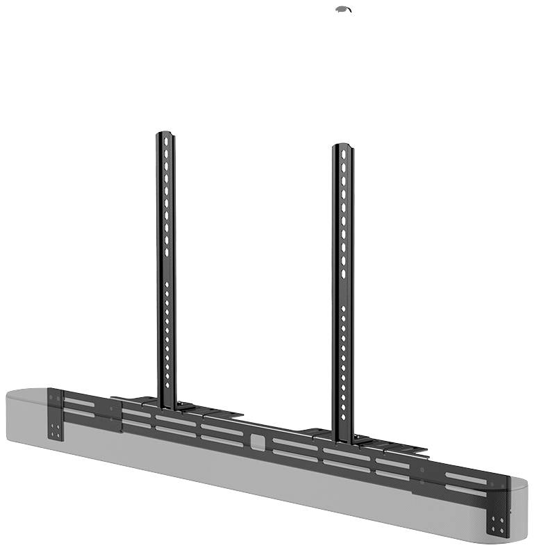 Eine schwarze TV-Halterung zur Montage, mit zwei vertikalen Streben und einer horizontalen Schiene. Geeignet für Flachbildschirme.