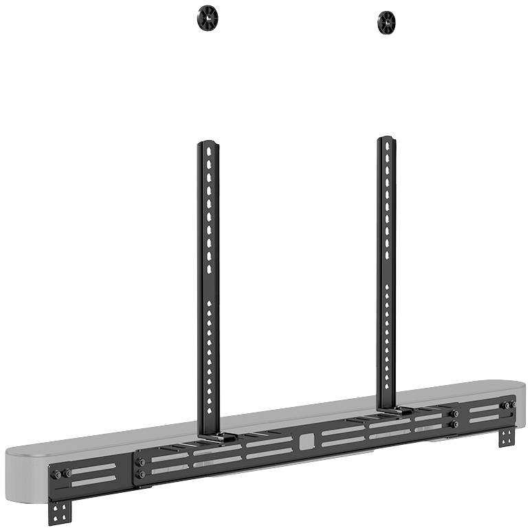 Eine Halterung für eine Soundbar, bestehend aus zwei vertikalen Stangen und einer horizontalen Schiene. Schrauben zur Befestigung oben.