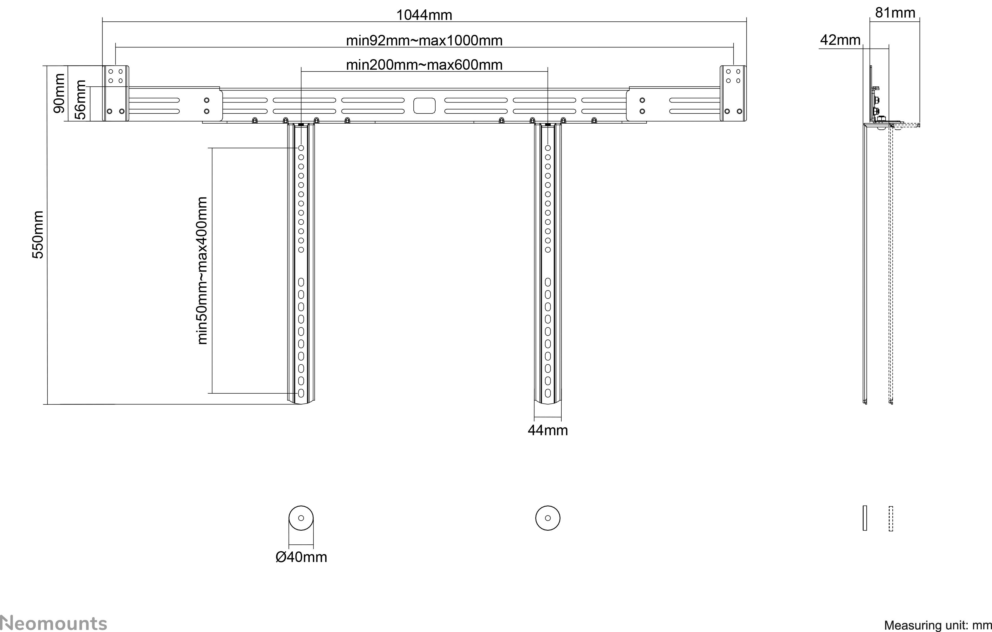 Technische Zeichnung einer TV-Halterung mit Maßen. Breite: 1044 mm, Höhe: 550 mm, Tiefe: 44 mm. Verstellbare Abstände für Monitorhalterung.