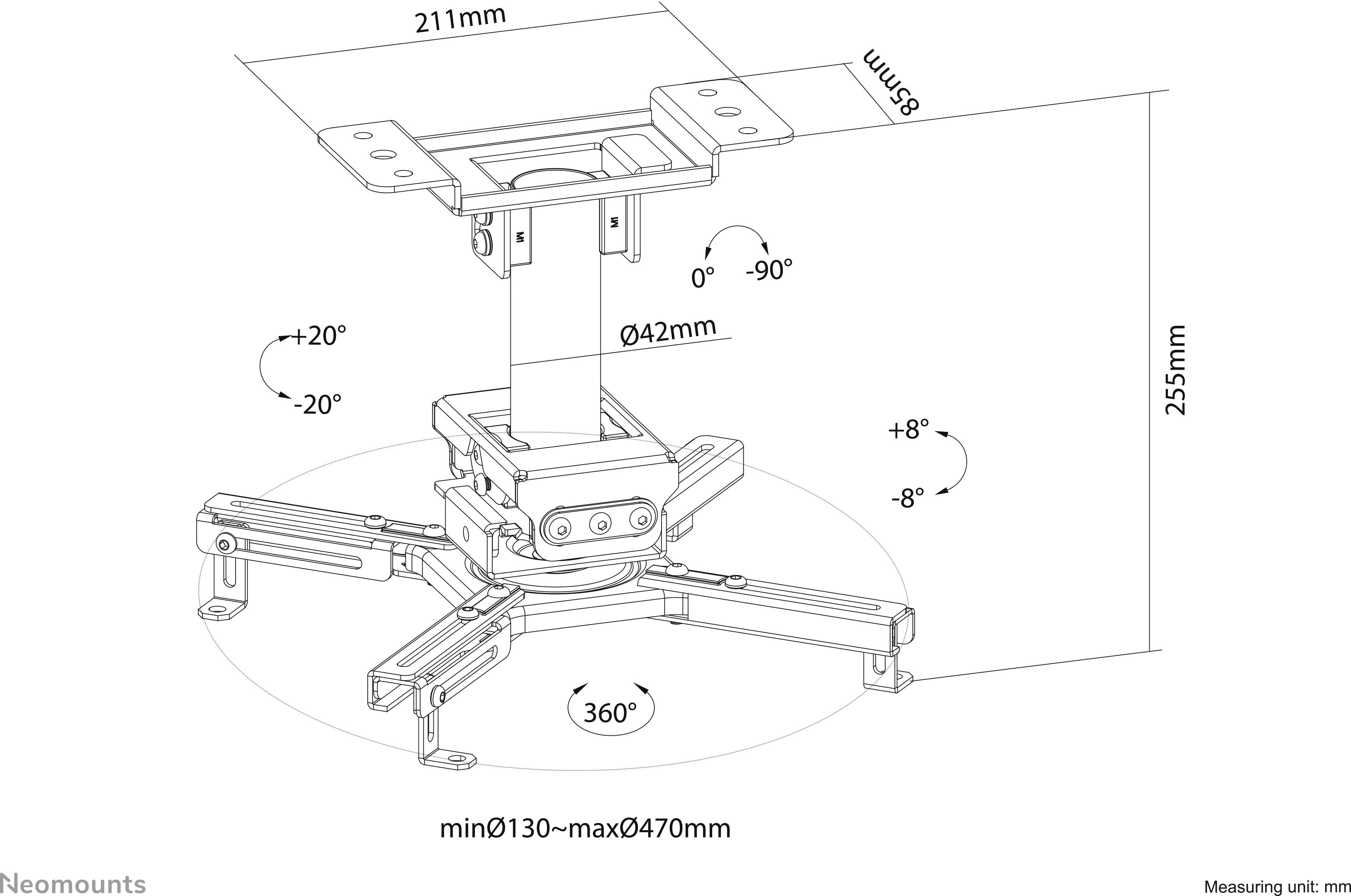 Deckenhalterung für Projektor: Höhenverstellbar, Neigung von -20° bis +20°, Drehung um 360°, abmessbare Einheiten in Millimetern.