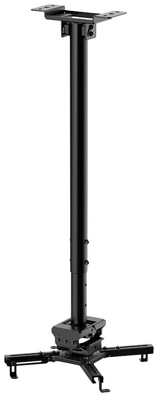 Ein schwarzer, höhenverstellbarer Deckenhalter für Projektoren. Er verfügt über schwenkbare Arme und eine robuste Metallkonstruktion.