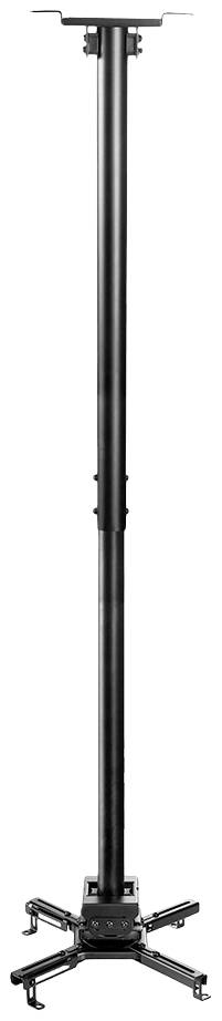 Schwarze Deckenhalterung für Beamer mit verstellbarem Teleskoparm, geeignet für verschiedene Modelle und Raumhöhen.