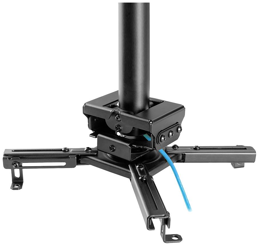 Projektorhalterung aus schwarzem Metall, montiert an einer Decke. Ein blaues Kabel verläuft entlang der Halterung.