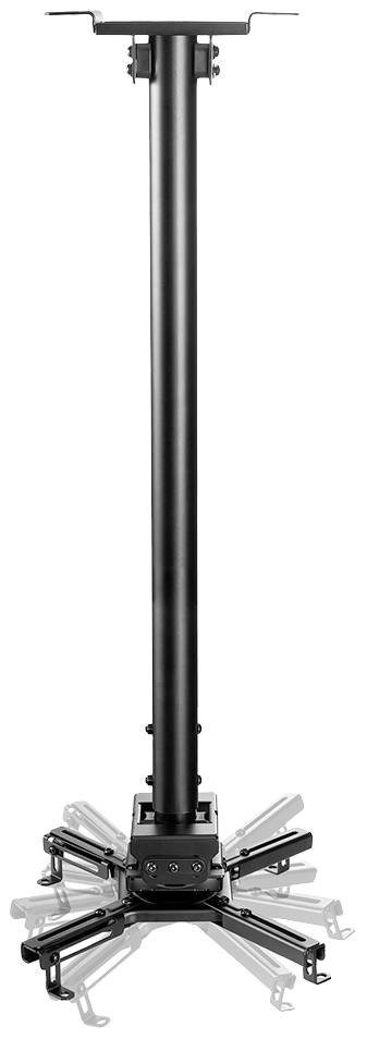 Deckenhalterung für Projektoren, mit einem langen, schwarzen Stab und mehreren verstellbaren Armen, zur flexiblen Befestigung.