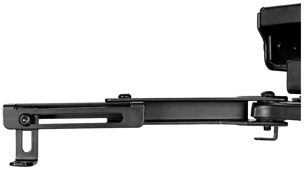 Eine schwarze, verstellbare Monitorhalterung aus Metall, die seitlich ausgestreckt ist.