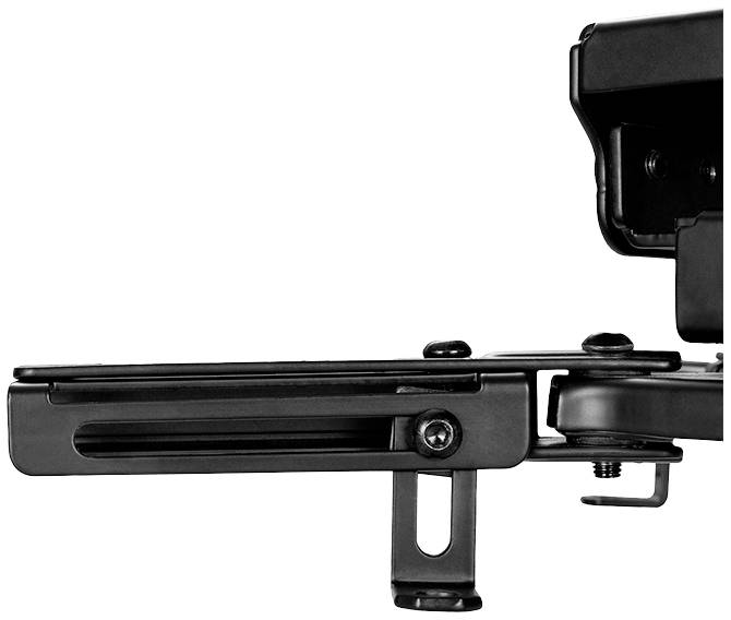 TV-Wandhalterung aus schwarzem Metall mit beweglichem Arm und Montageschiene. Geeignet zur flexiblen Positionierung von Fernsehern.