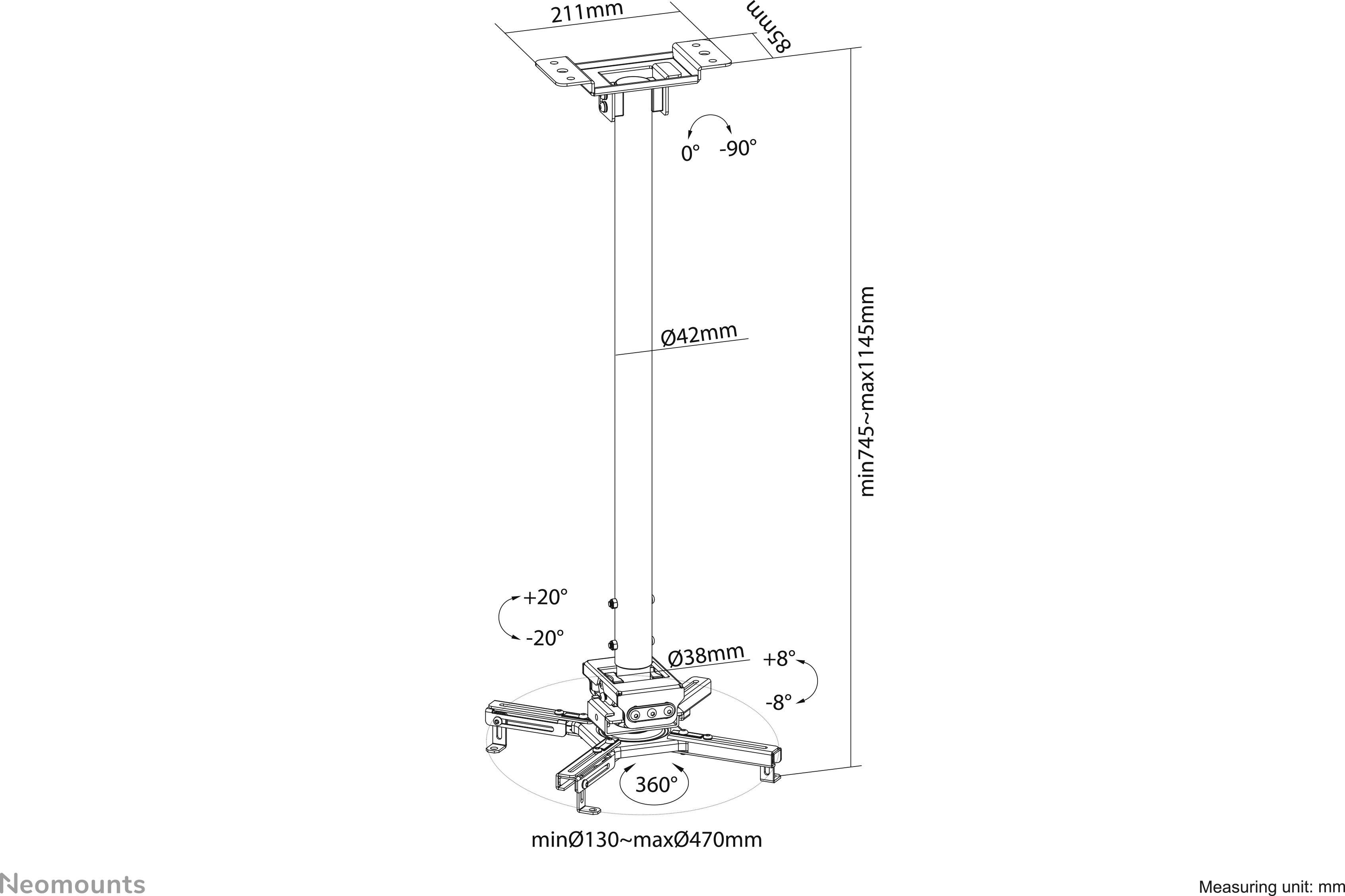 Projektorhalterung, höhenverstellbar von 745mm bis 1145mm, Neigungswinkel -90° bis +90°, Drehung 360°, Basisbreite 130-470mm.