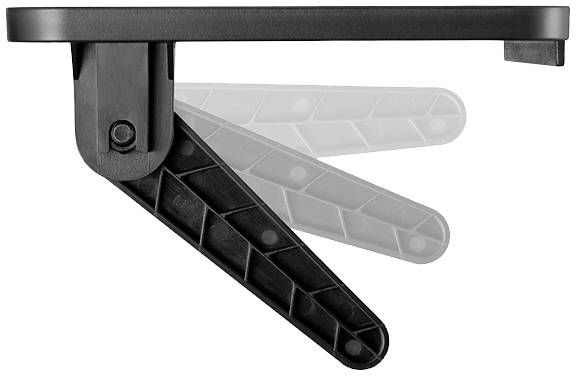 Ein schwarzer klappbarer Regalträger in drei Positionen: eingefahren und teilweise ausgeklappt, zeigt den Mechanismus der Verstellung.